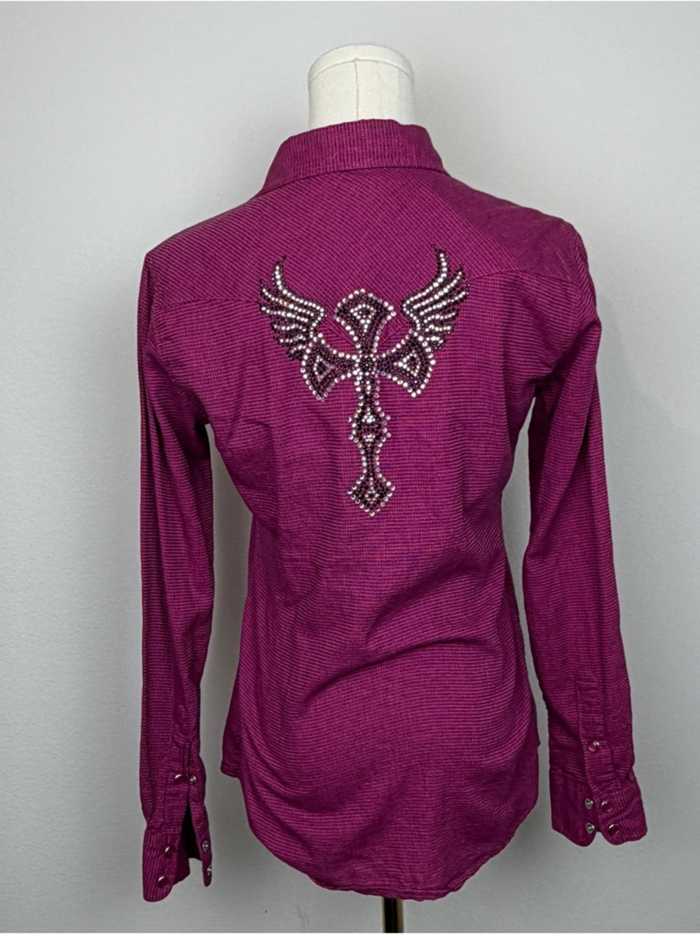 Women's Magenta Button-Down Shirt with Beaded Cross Wing Embellishment